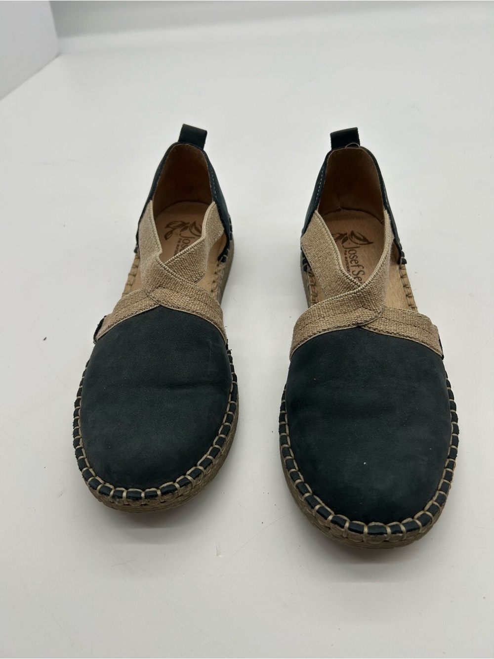 Josef Seibel Black and Tan Espadrille Flats with Crossover Straps